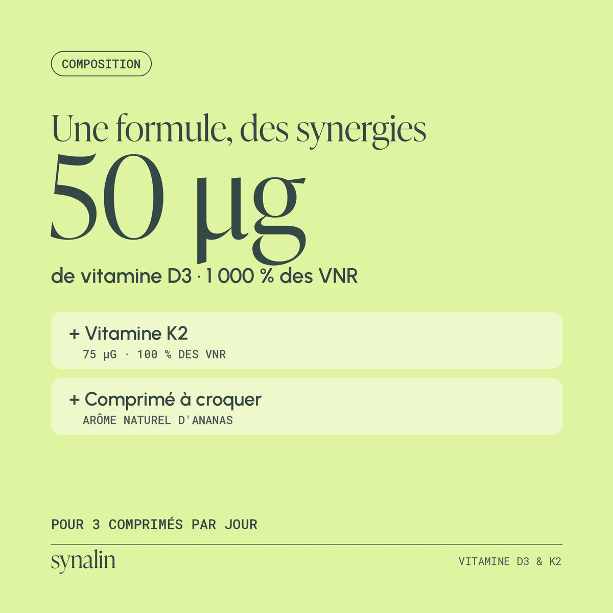 Composition de la Vitamine D3 & K2 Synalin : 50 µg de vitamine D3 et 75 µg de vitamine K2 pour 3 comprimés par jour