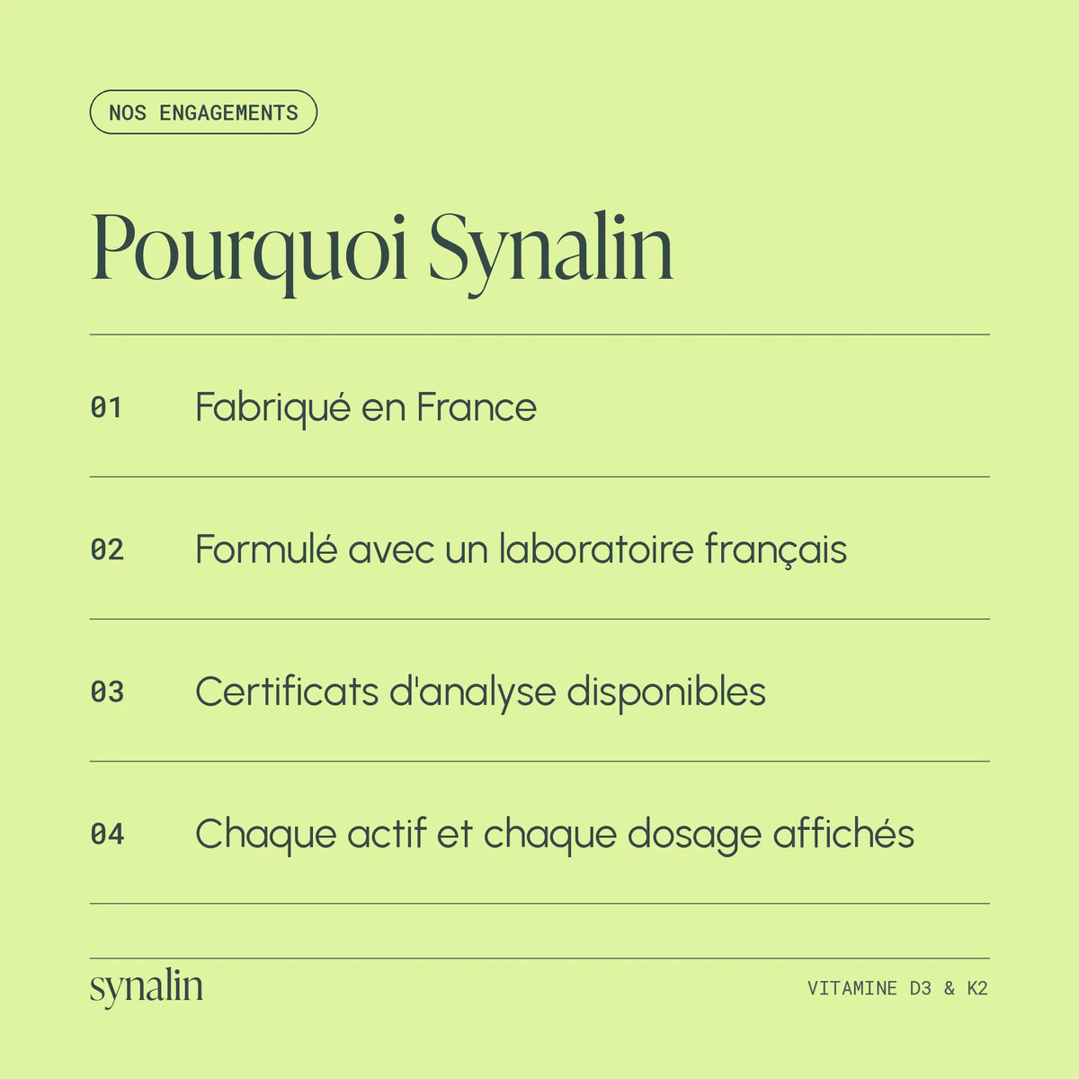 Engagements Synalin : fabriqué en France, formulé avec un laboratoire français, certificats d’analyse disponibles