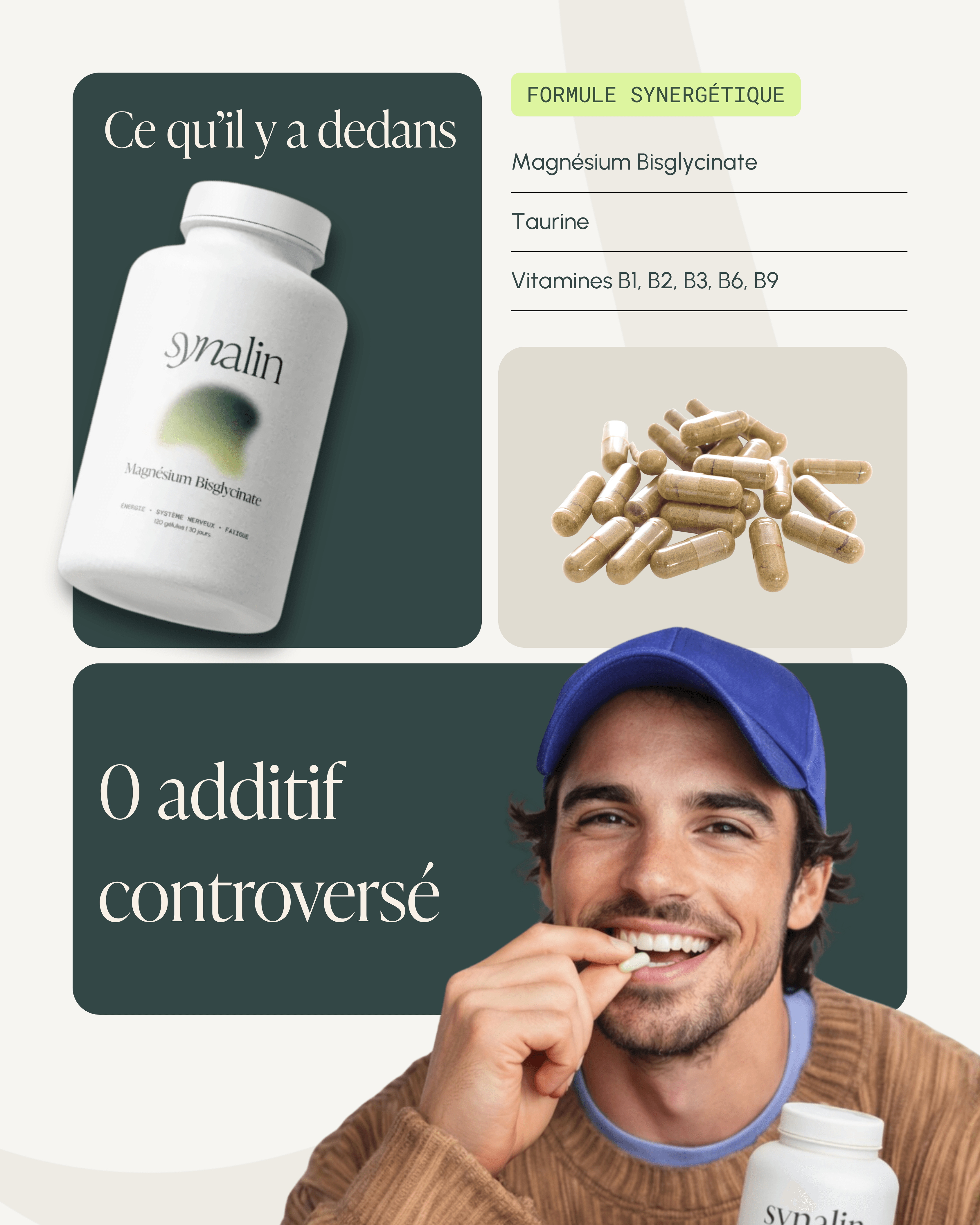 Flacon Synalin magnésium bisglycinate avec gélules et ingrédients : taurine et vitamines B