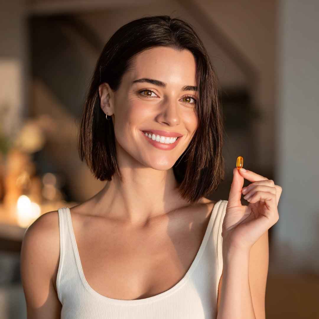 Femme ayant une gélule de complément alimentaires synalin