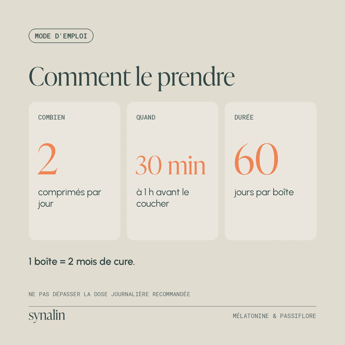 Mode d’emploi de la Mélatonine & Passiflore Synalin : 2 comprimés 30 min à 1 h avant le coucher, 60 jours de cure