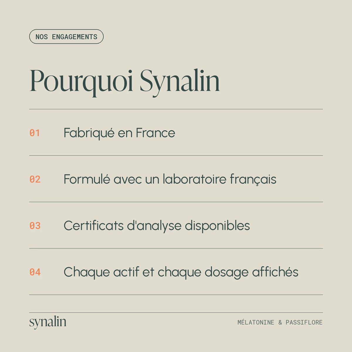Engagements Synalin : fabriqué en France, formulé avec un laboratoire français, certificats d’analyse disponibles