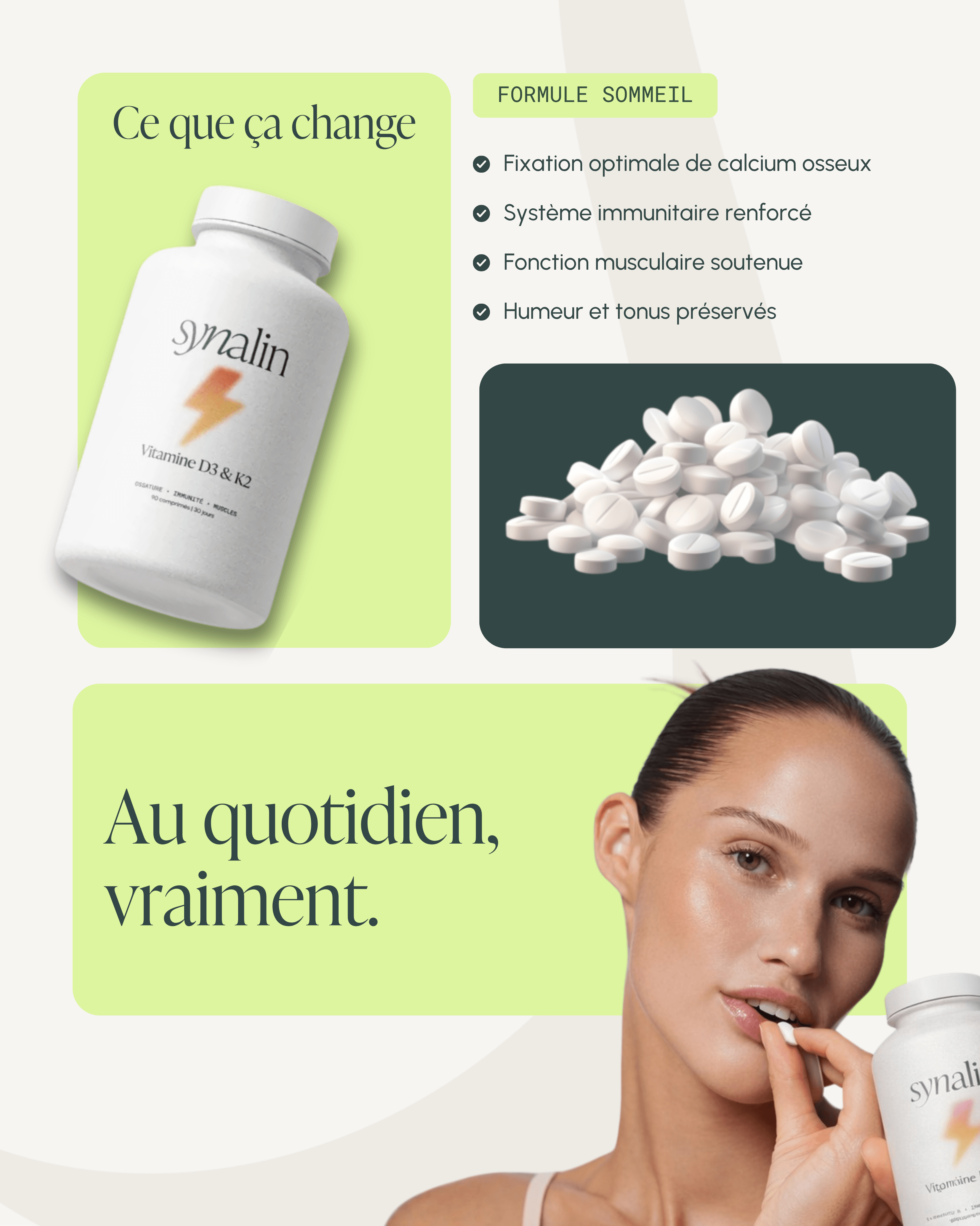 Flacon Synalin vitamine D3 K2 avec comprimés, bénéfices sur immunité et santé osseuse