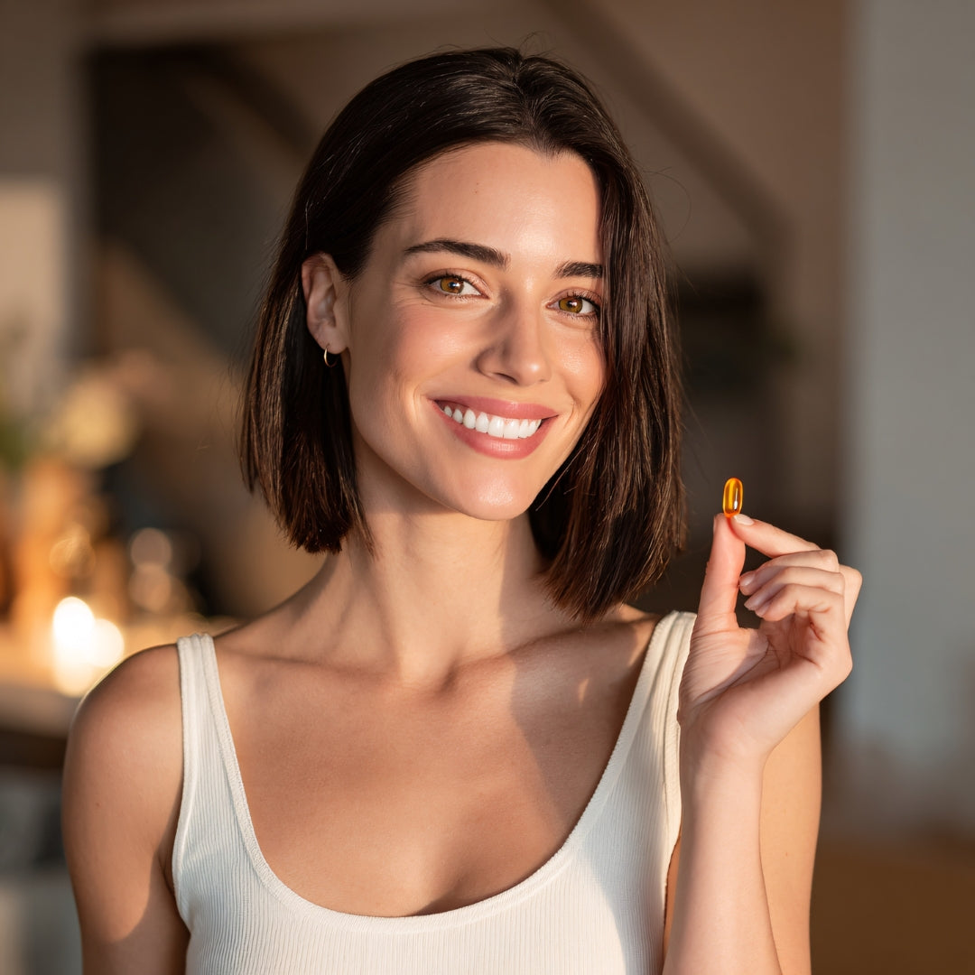 Femme ayant une gélule de complément alimentaires synalin